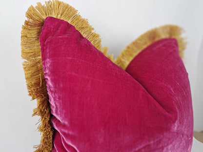 Velvet Throw Pillow, Silk Velvet Cushion, Cerise Pink with Gold Fringe Trim