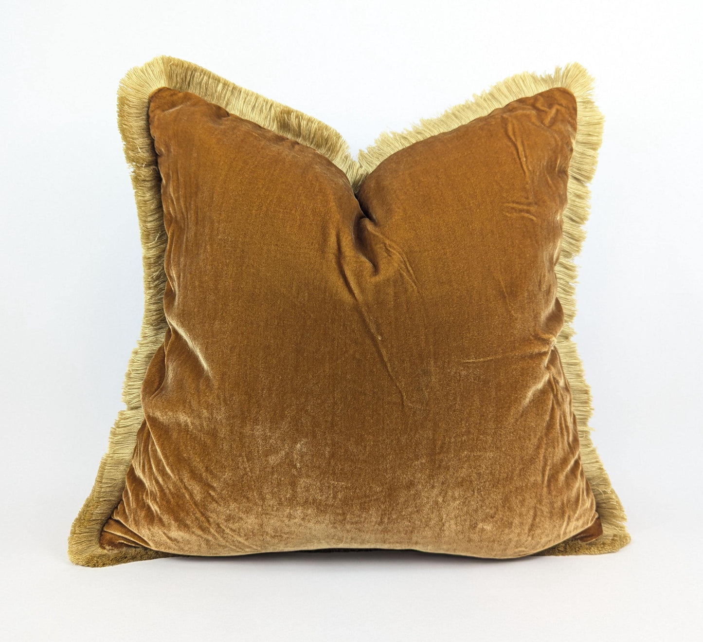 Caramel Silk Velvet Throw Pillow Cover with Fringe – Luxurious Living Room Cushion
