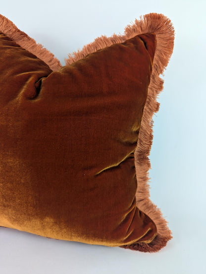 Rusty Silk Velvet Pillow Covers - Orange Fringe Cushion - Living Room Decor