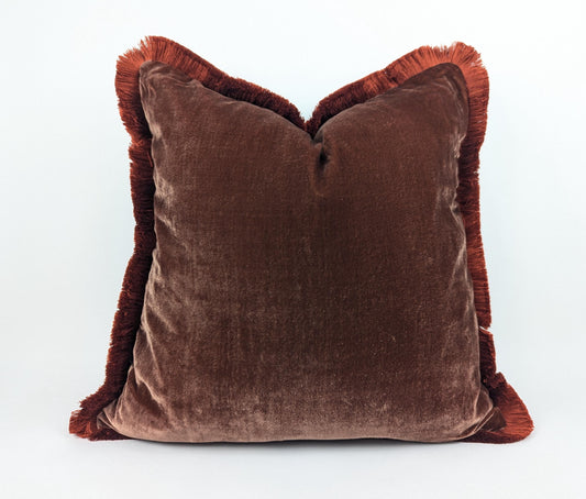 Velvet Pillow Cover, Silk Velvet Cushion, Brown with Orange Frim Trim