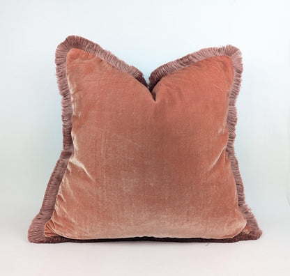Velvet Fringe Pillow Cover, Silk Velvet Cushion, Coral with Beige Fringe