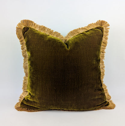 Long Lumbar - Chartreuse Silk Velvet Throw Pillow covers - Green and Gold Fringe Cushion