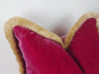 Cerise Silk Velvet Throw Pillows - Pink Fringe Cushion - Pink Home Decor