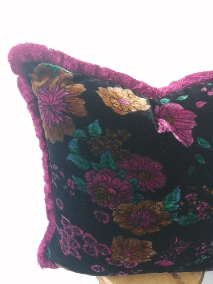 Velvet Throw Pillow, Silk Velvet Cushion, Black Floral with Fuschia Fringe Trim