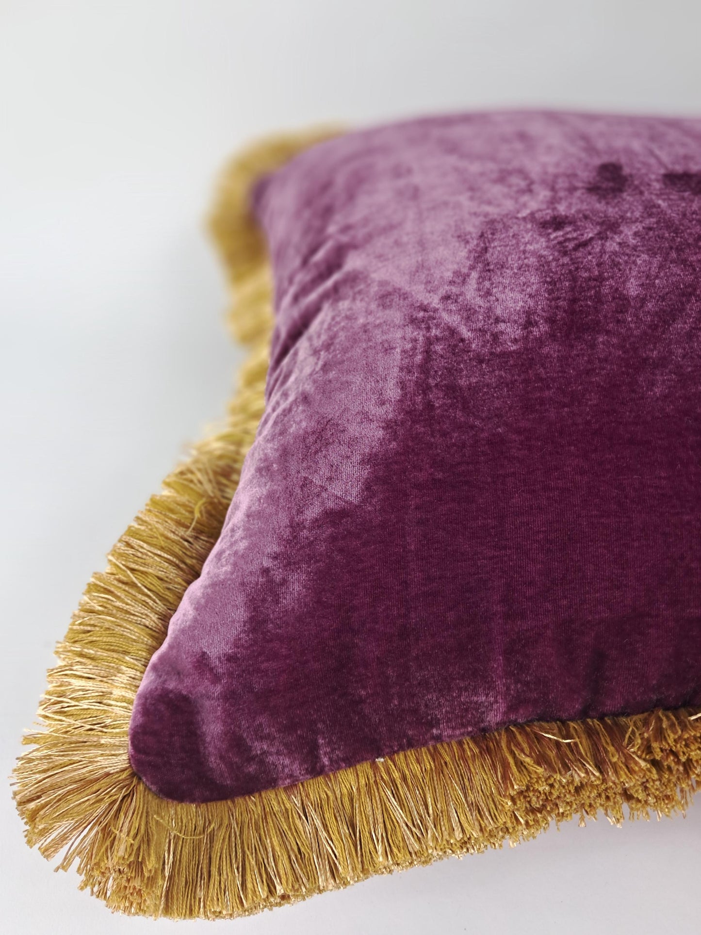 Velvet Pillow Cover, Silk Velvet Cushion, Plum Purple with Gold Fringe Trim