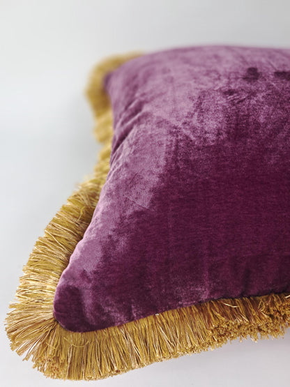 Velvet Pillow Cover, Silk Velvet Cushion, Plum Purple with Gold Fringe Trim
