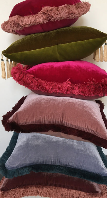 Velvet Pillow Cover, Silk Velvet Cushion, Coral with Light Beige Fringe Trim