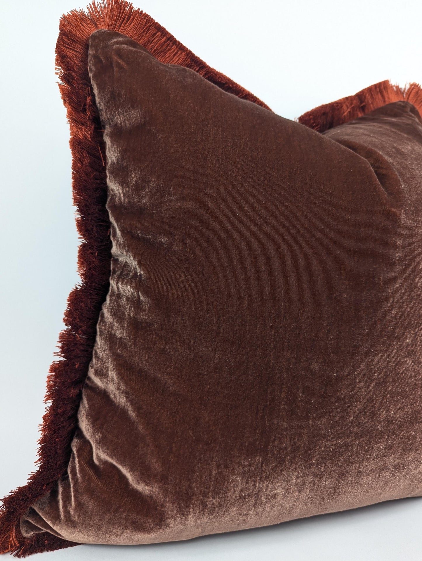 Velvet Pillow Cover, Silk Velvet Cushion, Brown with Orange Frim Trim