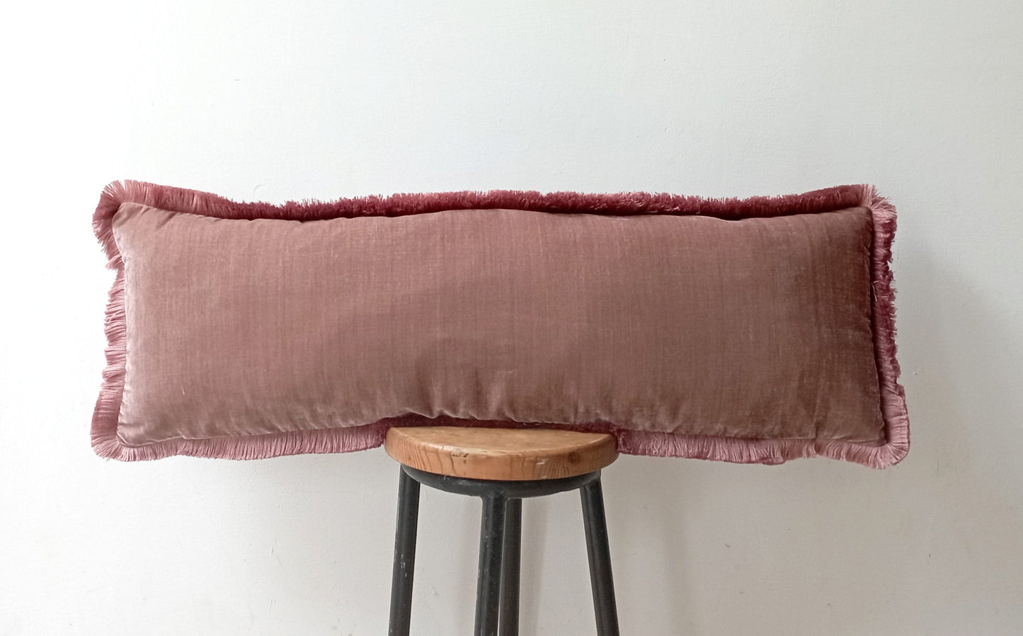 Silk Velvet Lumbar Pillow, Dusty Pink Fringe Trim Cushion
