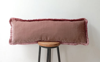 Silk Velvet Lumbar Pillow, Dusty Pink Fringe Trim Cushion