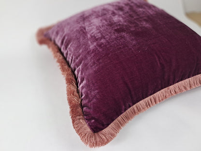 Velvet Pillows, Velvet Fringe Cushion, Dark Berry with Pink Fringe