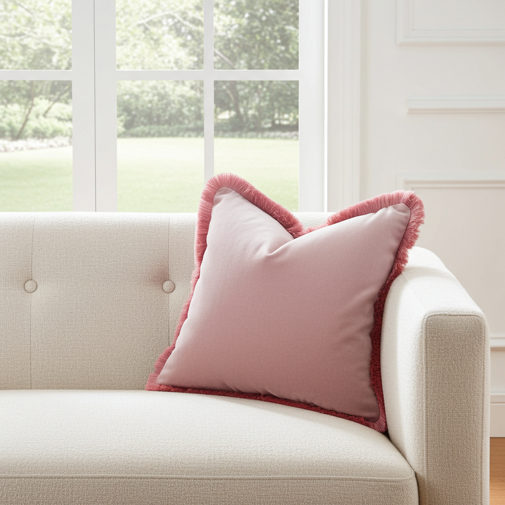 Velvet Throw Pillow, Velvet Fringe Cushion, Blush Pink with Dusty Pink Fringe