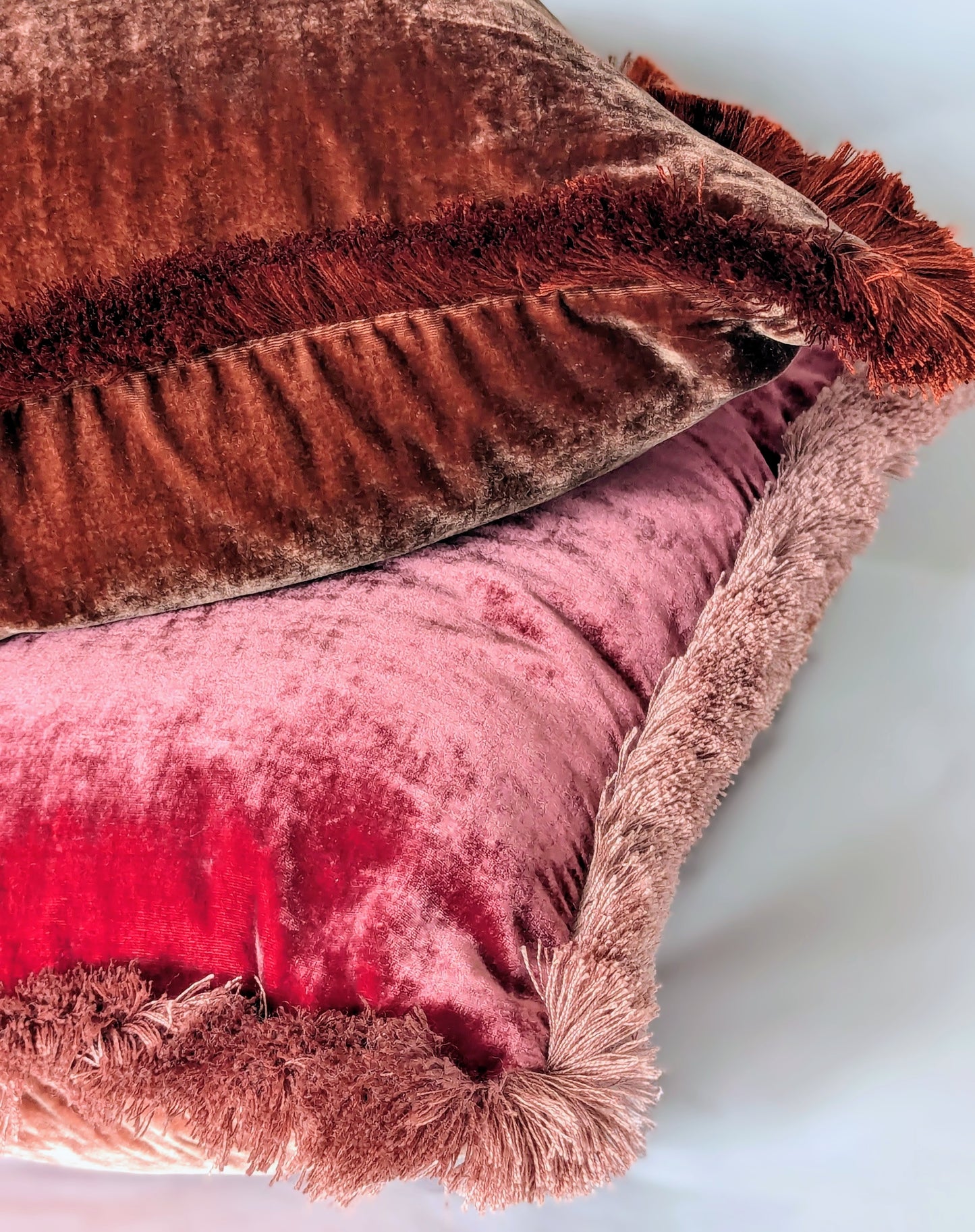 Velvet Pillow, Silk Velvet Cushion, Rosewood with Dusty Pink Fringe Trim