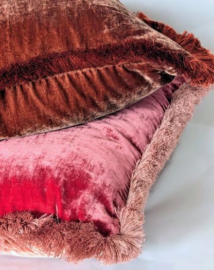 Velvet Pillow, Silk Velvet Cushion, Rosewood with Dusty Pink Fringe Trim