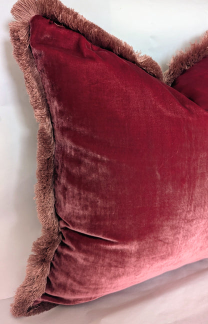 Velvet Pillow, Silk Velvet Cushion, Rosewood with Dusty Pink Fringe Trim