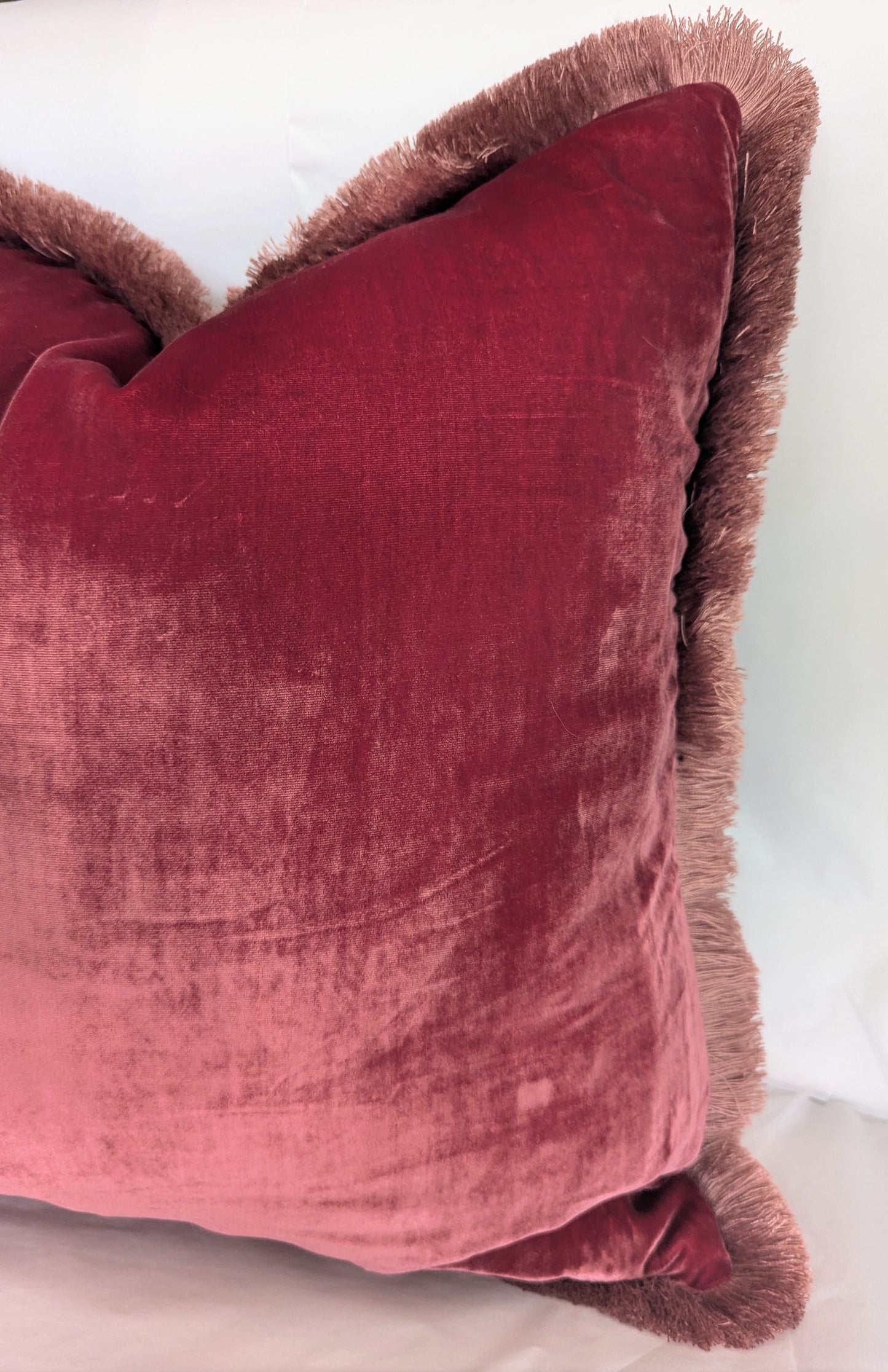 Velvet Pillow, Silk Velvet Cushion, Rosewood with Dusty Pink Fringe Trim
