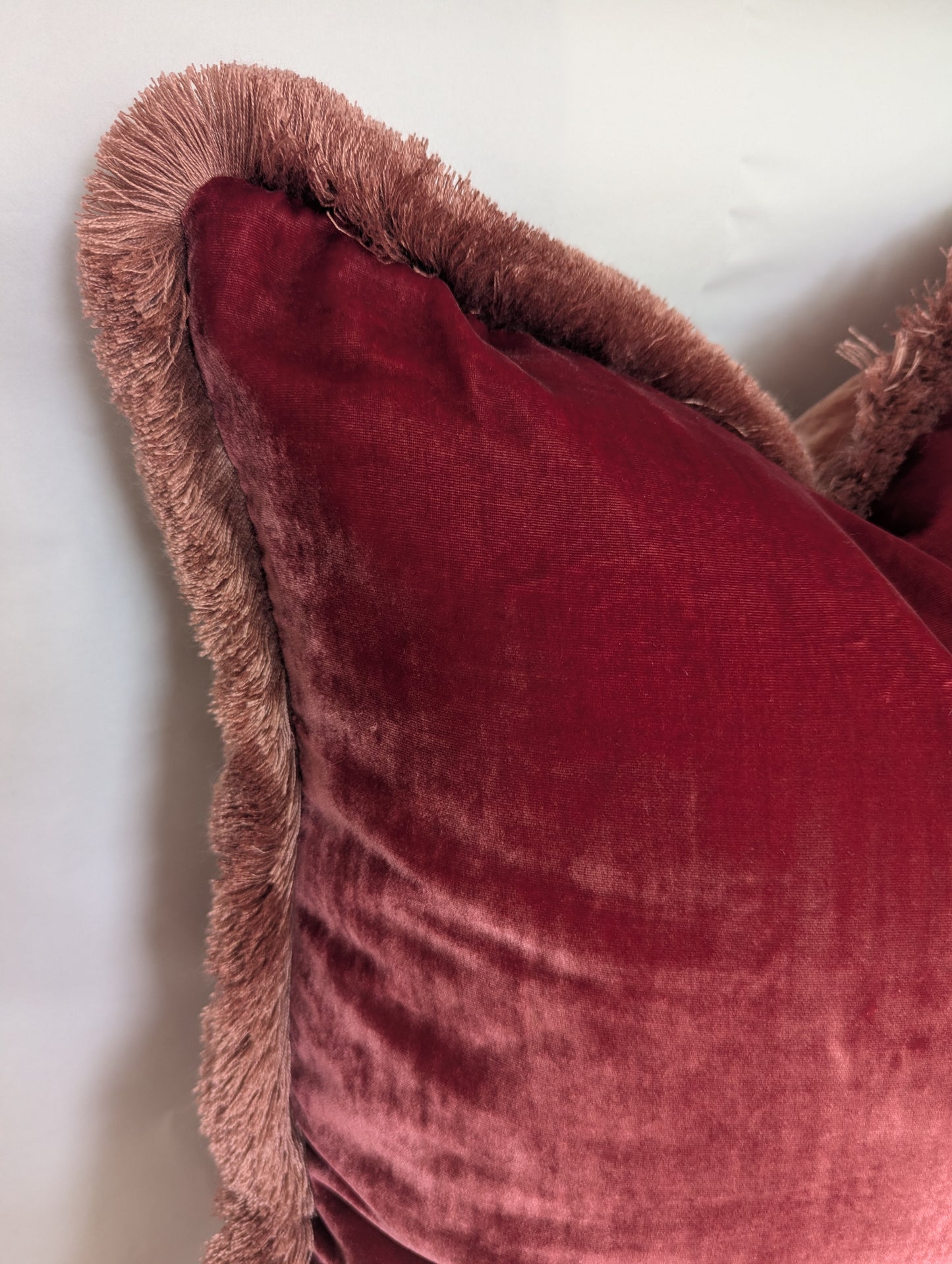 Velvet Pillow, Silk Velvet Cushion, Rosewood with Dusty Pink Fringe Trim