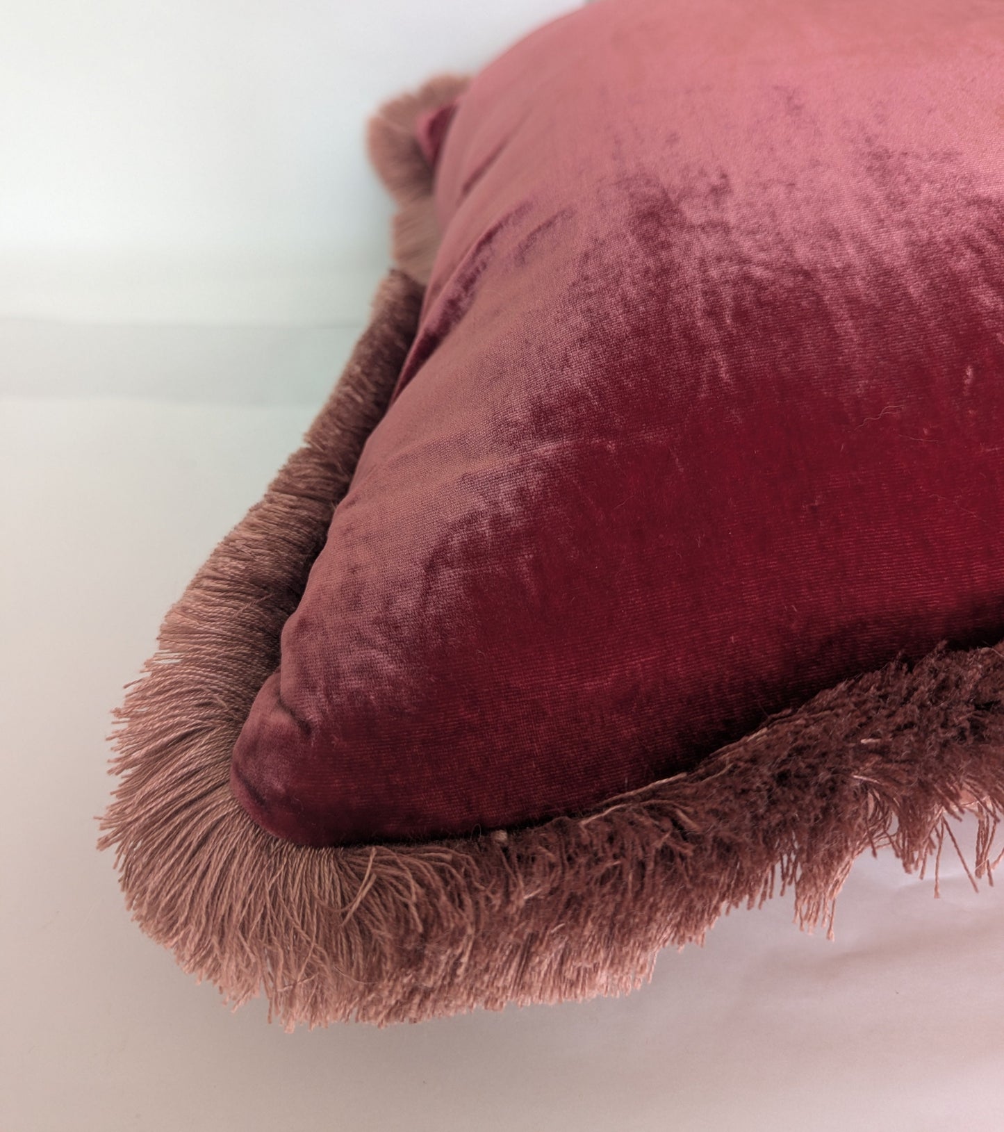 Velvet Pillow, Silk Velvet Cushion, Rosewood with Dusty Pink Fringe Trim
