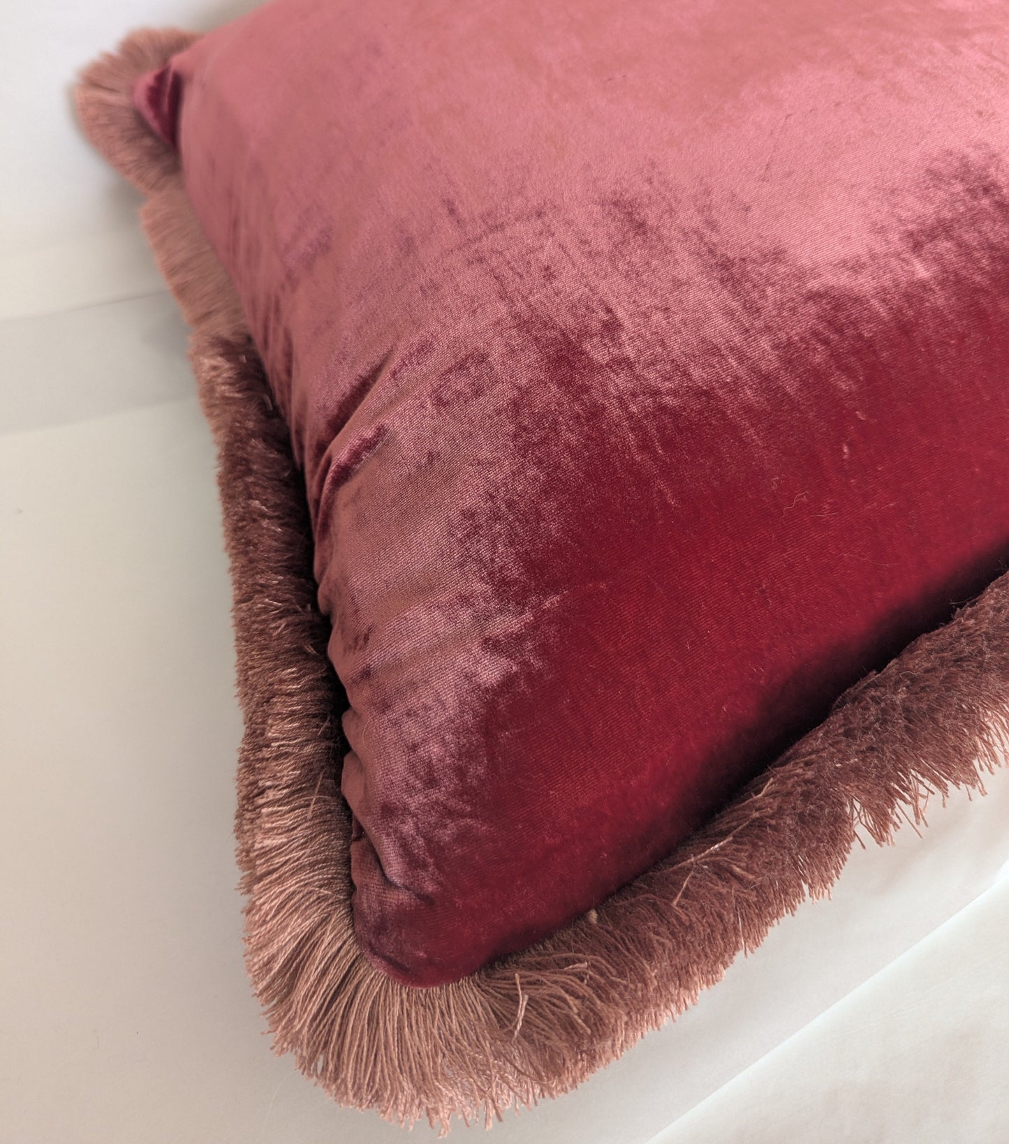 Velvet Pillow, Silk Velvet Cushion, Rosewood with Dusty Pink Fringe Trim