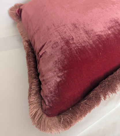 Velvet Pillow, Silk Velvet Cushion, Rosewood with Dusty Pink Fringe Trim