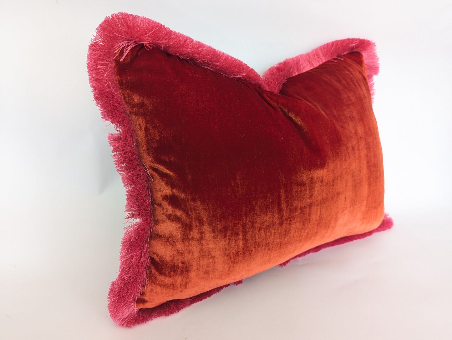 Orange Velvet Pillow, Silk Velvet Cushion, Tangerine with Hot Pink Fringe Trim