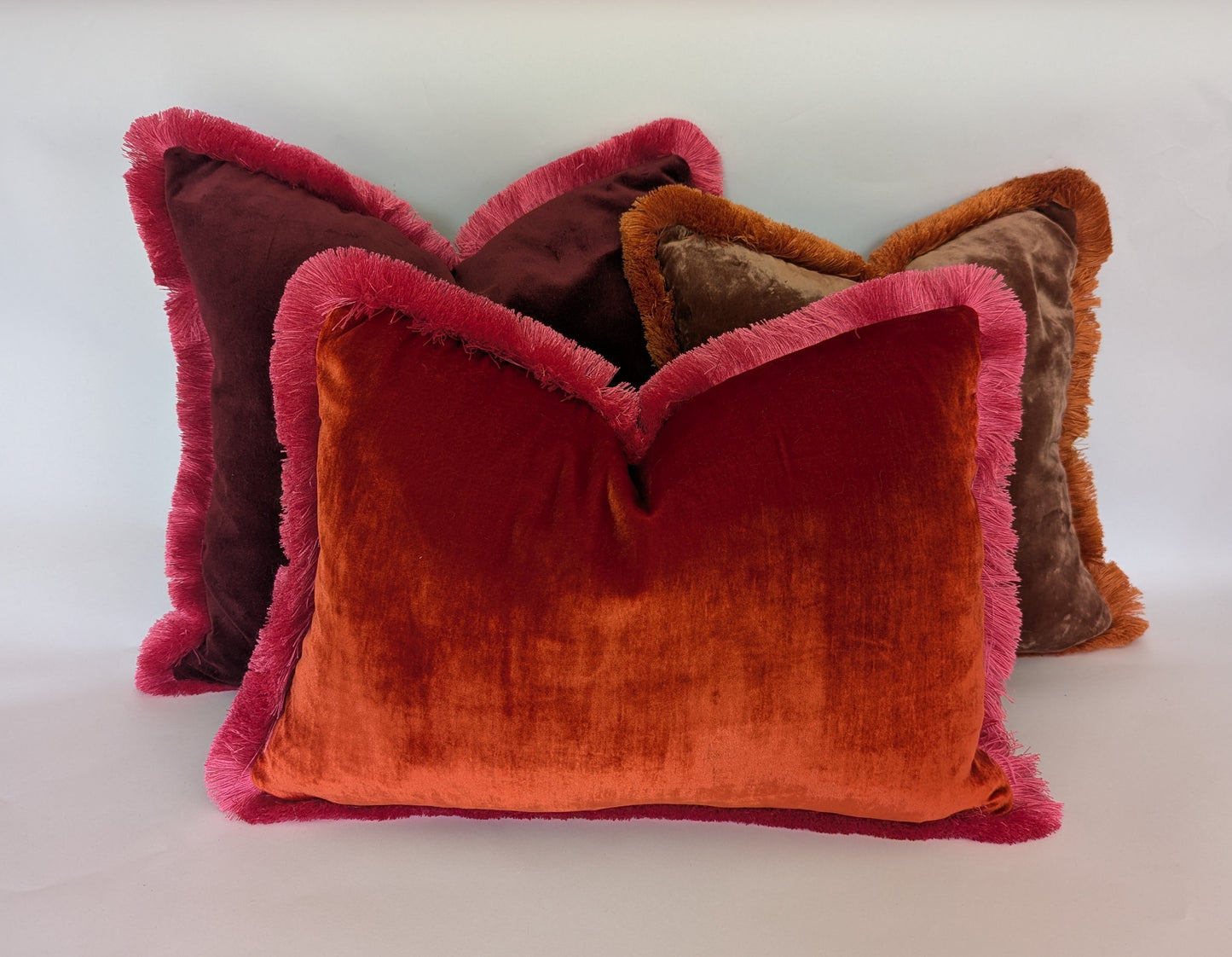 Orange Velvet Pillow, Silk Velvet Cushion, Tangerine with Hot Pink Fringe Trim