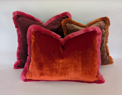 Orange Velvet Pillow, Silk Velvet Cushion, Tangerine with Hot Pink Fringe Trim