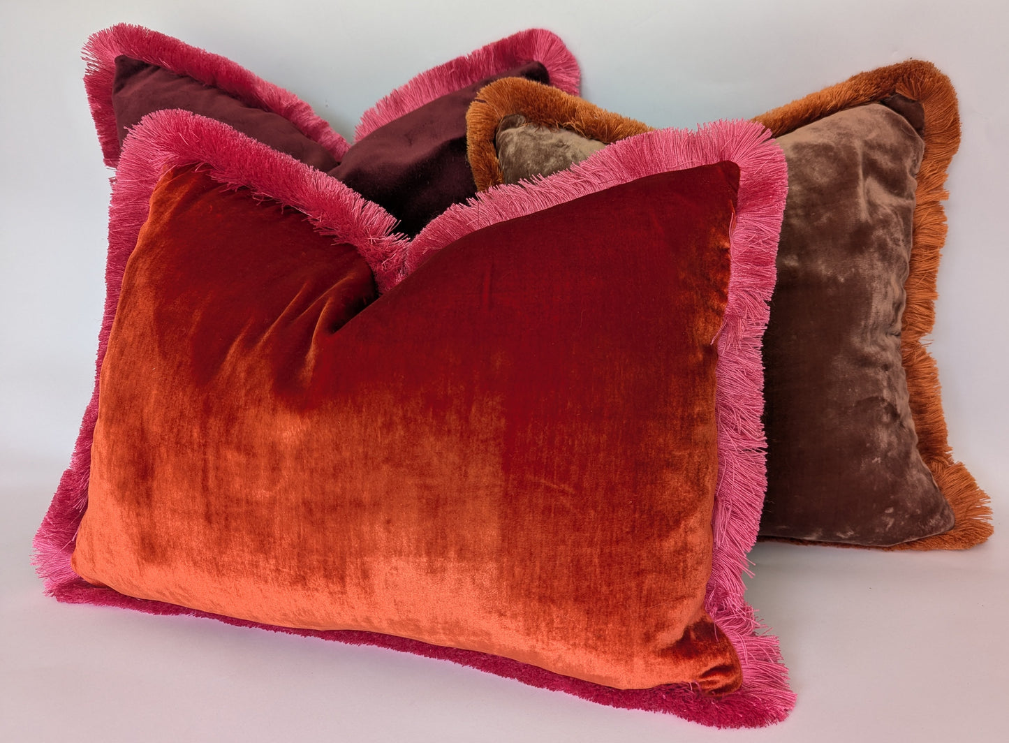 Orange Velvet Pillow, Silk Velvet Cushion, Tangerine with Hot Pink Fringe Trim