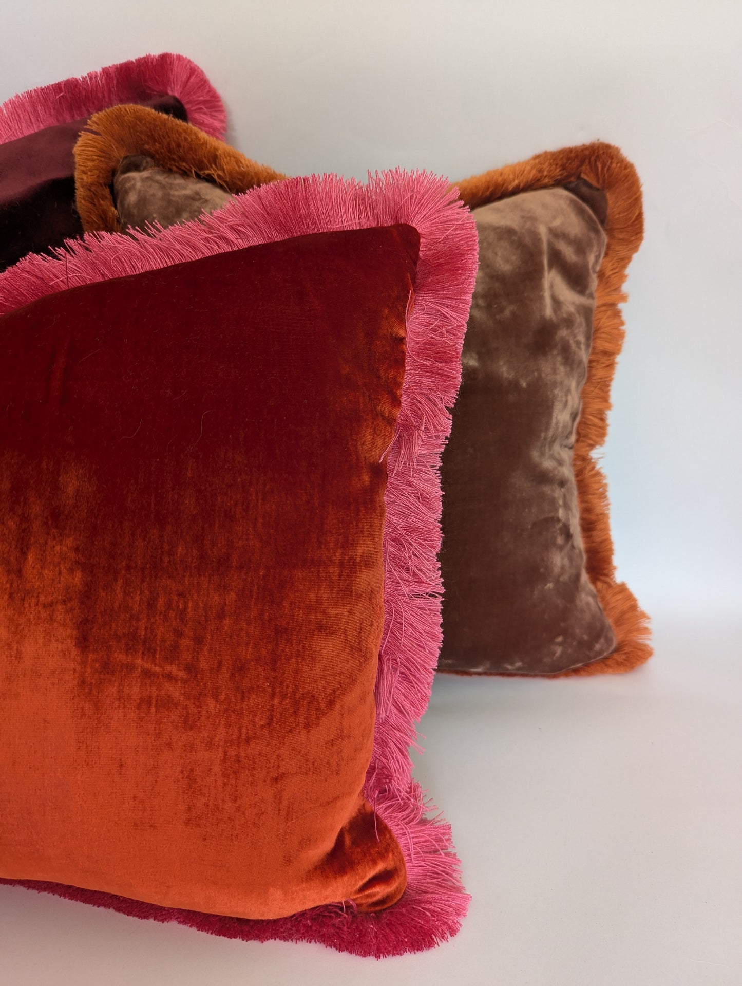 Orange Velvet Pillow, Silk Velvet Cushion, Tangerine with Hot Pink Fringe Trim