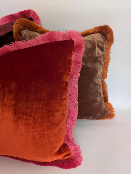Orange Velvet Pillow, Silk Velvet Cushion, Tangerine with Hot Pink Fringe Trim