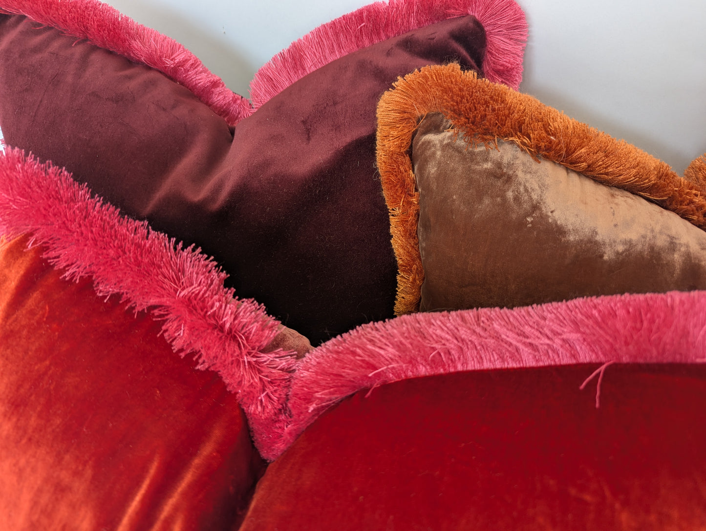 Orange Velvet Pillow, Silk Velvet Cushion, Tangerine with Hot Pink Fringe Trim