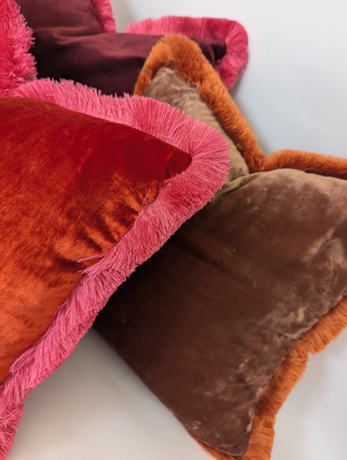 Orange Velvet Pillow, Silk Velvet Cushion, Tangerine with Hot Pink Fringe Trim