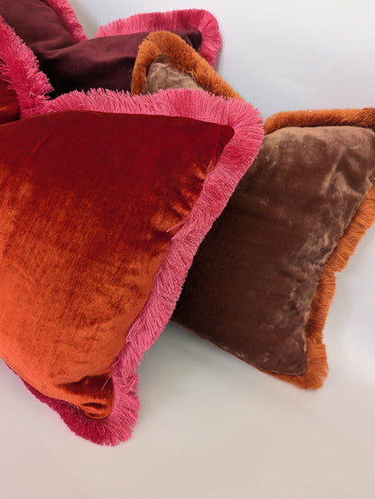 Orange Velvet Pillow, Silk Velvet Cushion, Tangerine with Hot Pink Fringe Trim
