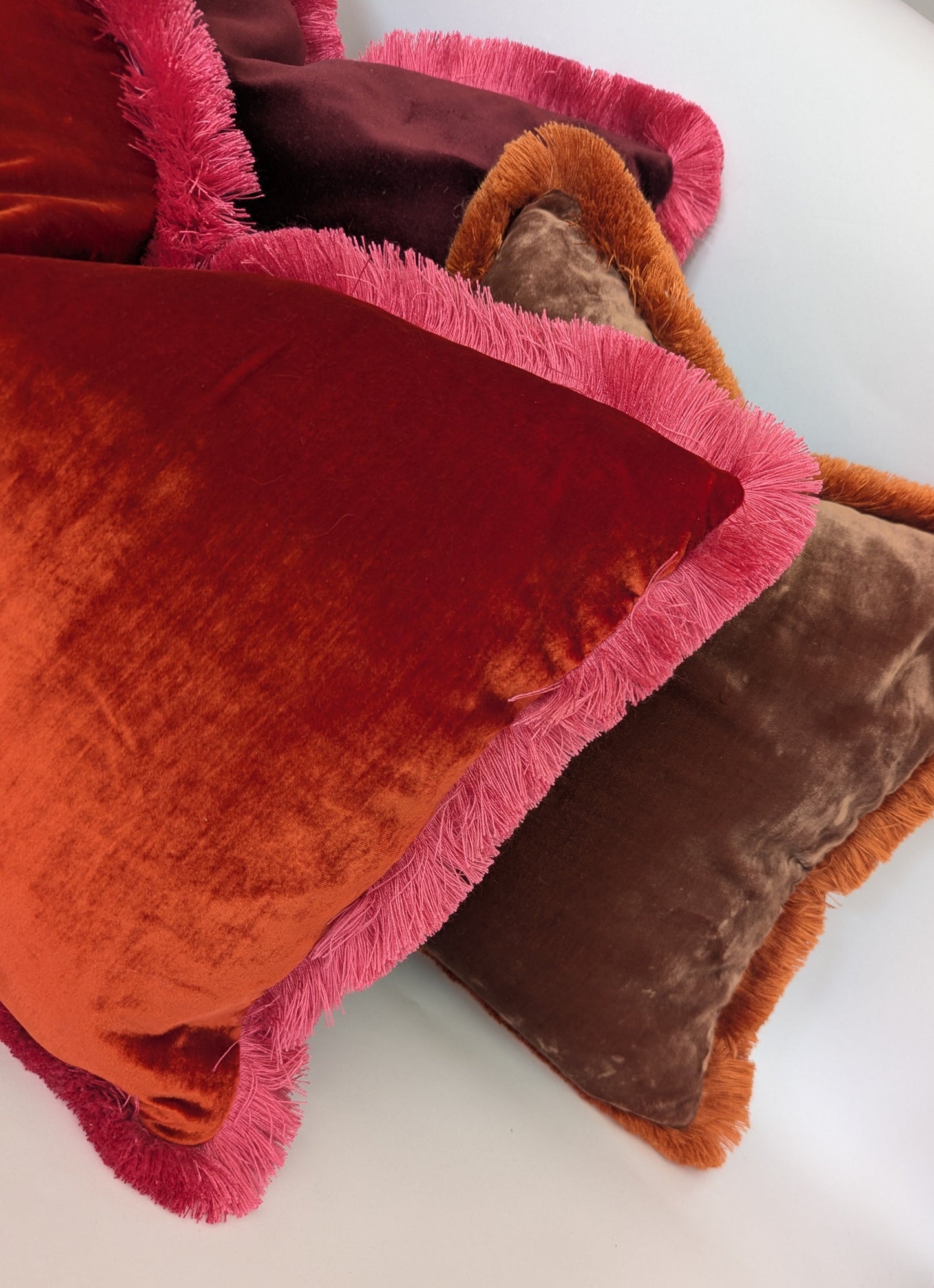 Orange Velvet Pillow, Silk Velvet Cushion, Tangerine with Hot Pink Fringe Trim