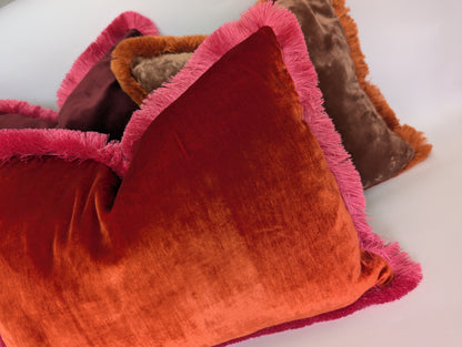 Orange Velvet Pillow, Silk Velvet Cushion, Tangerine with Hot Pink Fringe Trim