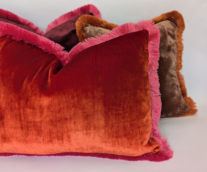 Orange Velvet Pillow, Silk Velvet Cushion, Tangerine with Hot Pink Fringe Trim