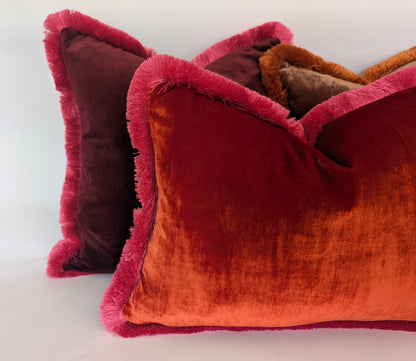 Orange Velvet Pillow, Silk Velvet Cushion, Tangerine with Hot Pink Fringe Trim