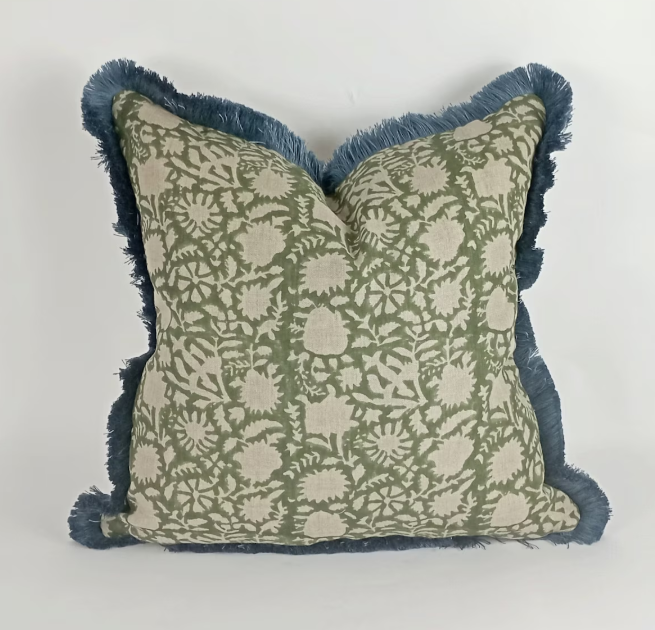 Green Block Print Pillow – Floral Linen Cover with Blue Fringe Trim, Artisan Cushion