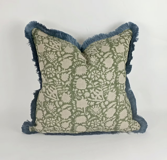 Green Block Print Pillow – Floral Linen Cover with Blue Fringe Trim, Artisan Cushion