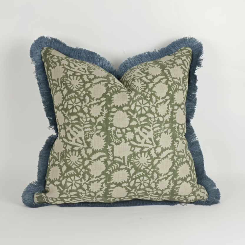 Green Block Print Pillow – Floral Linen Cover with Blue Fringe Trim, Artisan Cushion