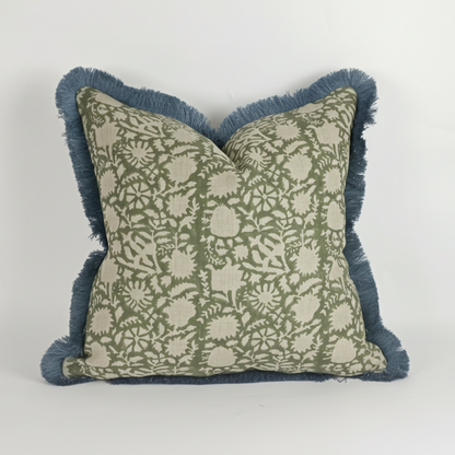 Green Block Print Pillow – Floral Linen Cover with Blue Fringe Trim, Artisan Cushion