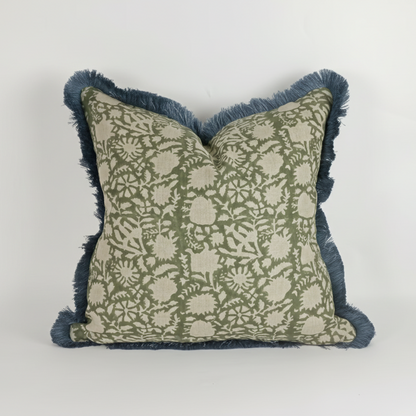 Green Block Print Pillow – Floral Linen Cover with Blue Fringe Trim, Artisan Cushion