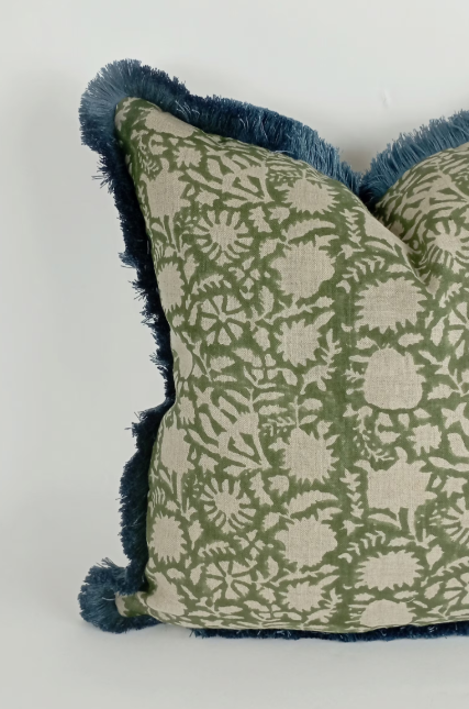 Green Block Print Pillow – Floral Linen Cover with Blue Fringe Trim, Artisan Cushion