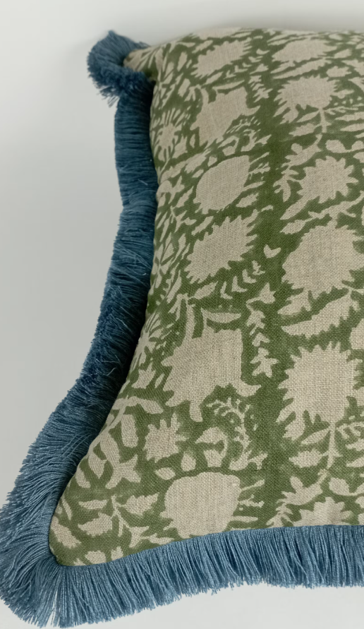 Green Block Print Pillow – Floral Linen Cover with Blue Fringe Trim, Artisan Cushion