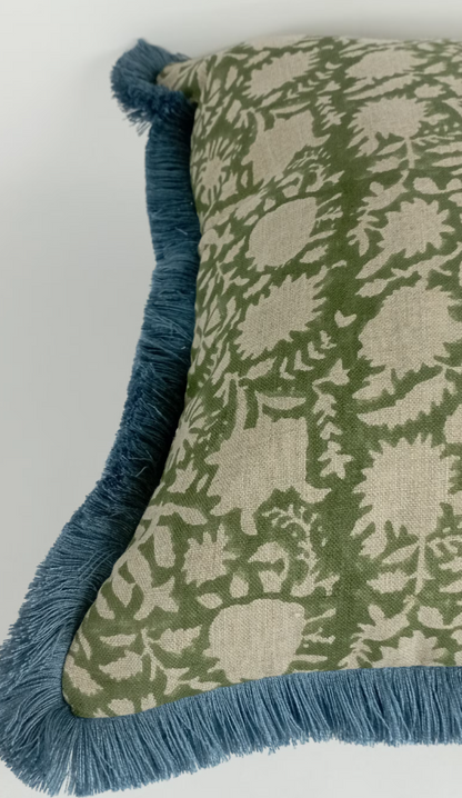 Green Block Print Pillow – Floral Linen Cover with Blue Fringe Trim, Artisan Cushion