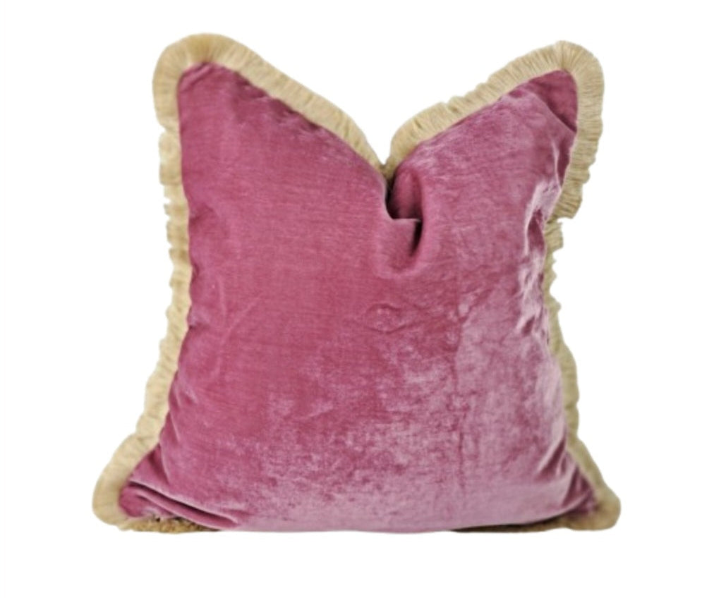 Pink Velvet Pillow - Pink Velvet Cushion With Fringe - Luxury Pillow