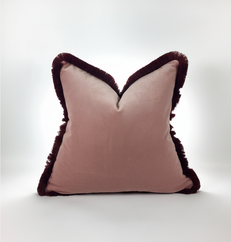 Dusty Pink Velvet Throw Pillow - Pink Velvet Fringe Cushion
