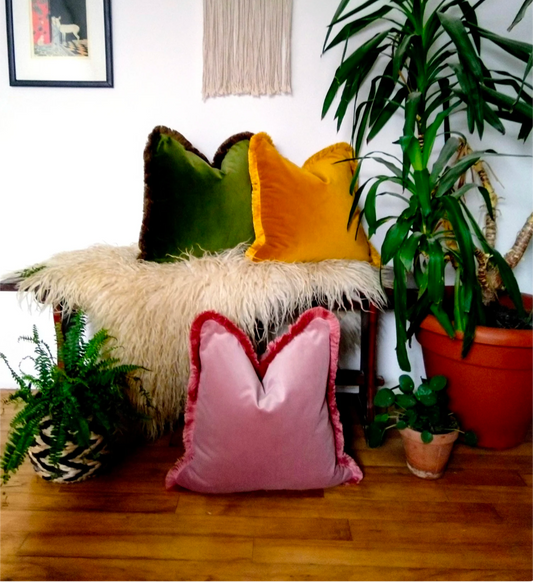 Velvet Throw Pillow, Velvet Fringe Cushion, Blush Pink with Dusty Pink Fringe