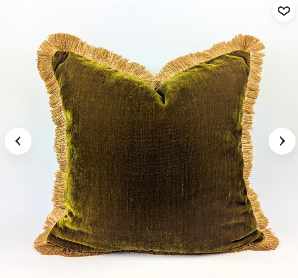 Velvet Fringe Pillow Cover, Silk Velvet Cushion, Chartreuse Green with Gold Trim