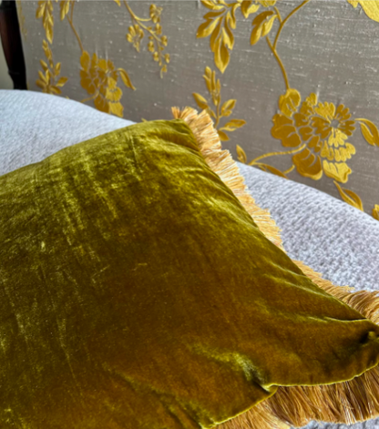 Velvet Fringe Pillow Cover, Silk Velvet Cushion, Chartreuse Green with Gold Trim